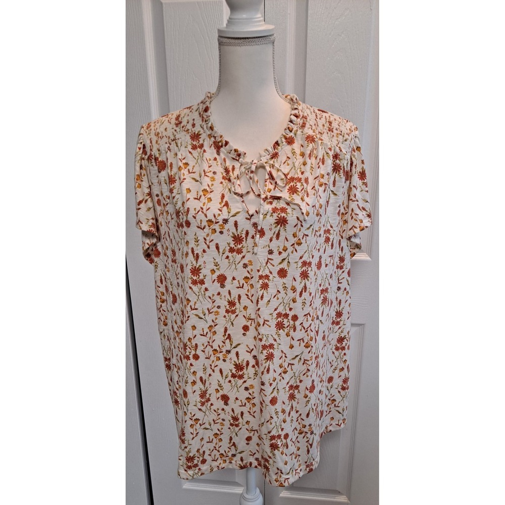 3XL Rose+Olive Knit Wildflower Short Cap Sleeve Pullover Top
